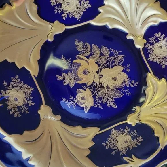 Vintage Jetta Cobalt Blue Gold Leaf Round Platter Bowl w/stand WEIMAR PORCELAIN - Picture 8 of 11